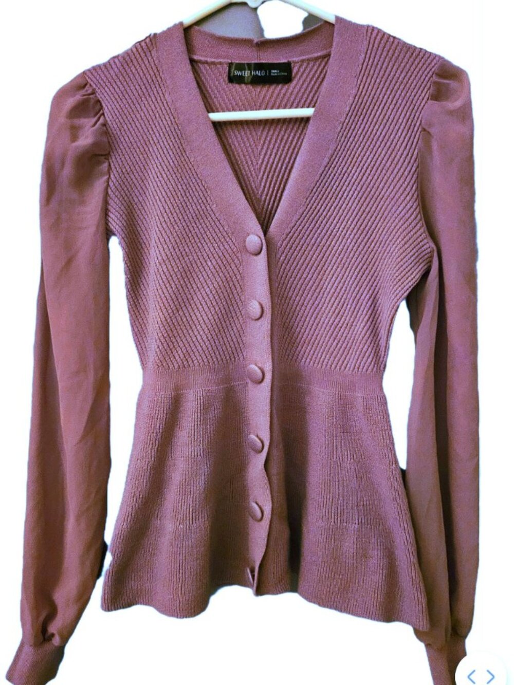 Sweet Halo Brand Blush Pink Sweater Top Sheer Sleeves Button Size Small